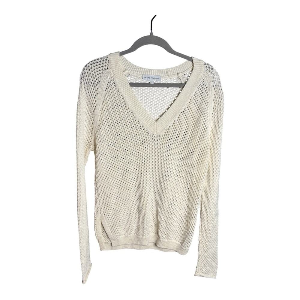 White + Warren White Open Knit V Neck Long Sleeve Sweater Small